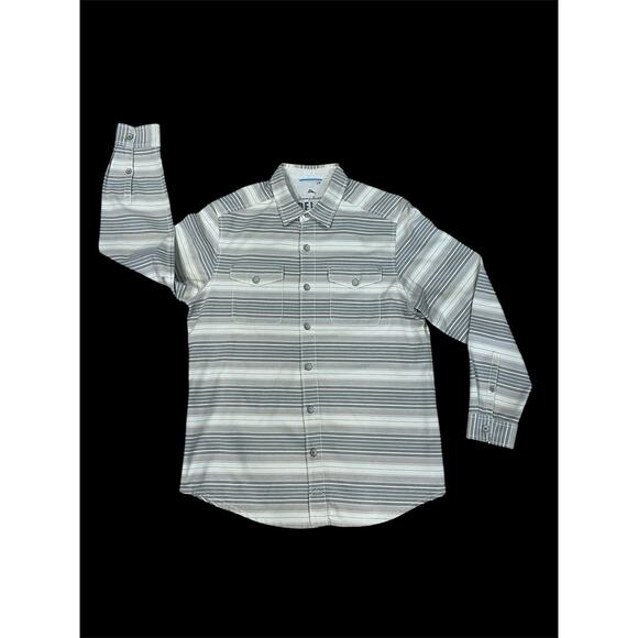 Tommy‎ Bahama Relax Island Modern Fit Striped Men’s Shirt Sz Medium Cream/Brown - Picture 1 of 15